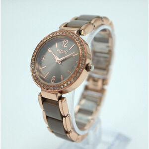 FOLIO Rose Gold Tone Womens Watch Gray Dial Bracelet Crystal Bezel w New Battery